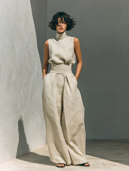 Flor™ | Conjunto de blusa sin mangas y pantalón ancho en lino y algodón