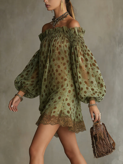 Zephyrelle - Vestido mini de hombros descubiertos con lunares y encaje