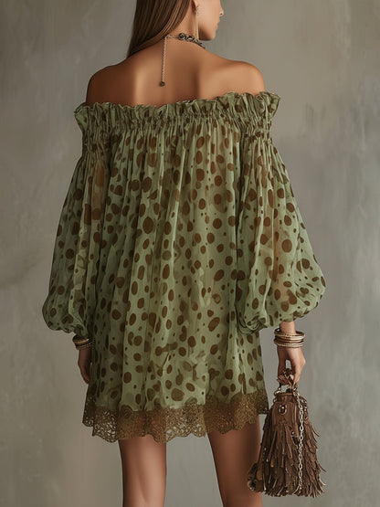 Zephyrelle - Vestido mini de hombros descubiertos con lunares y encaje