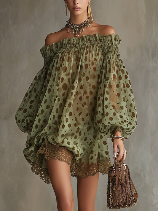 Zephyrelle - Vestido mini de hombros descubiertos con lunares y encaje