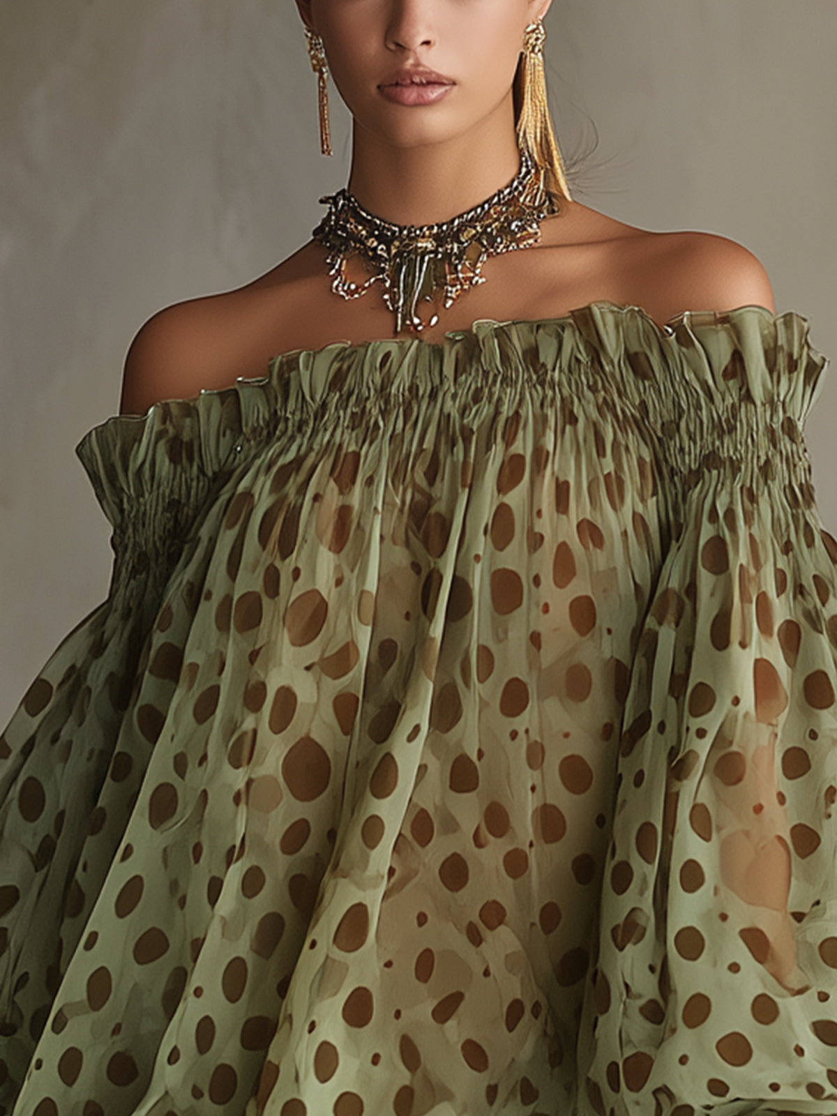 Zephyrelle - Vestido mini de hombros descubiertos con lunares y encaje
