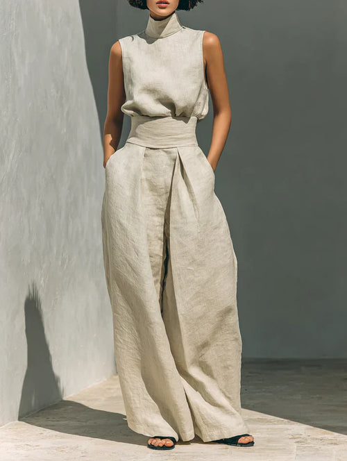 Flor™ | Conjunto de blusa sin mangas y pantalón ancho en lino y algodón