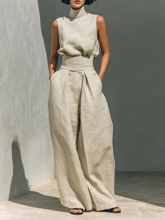 Flor™ | Conjunto de blusa sin mangas y pantalón ancho en lino y algodón
