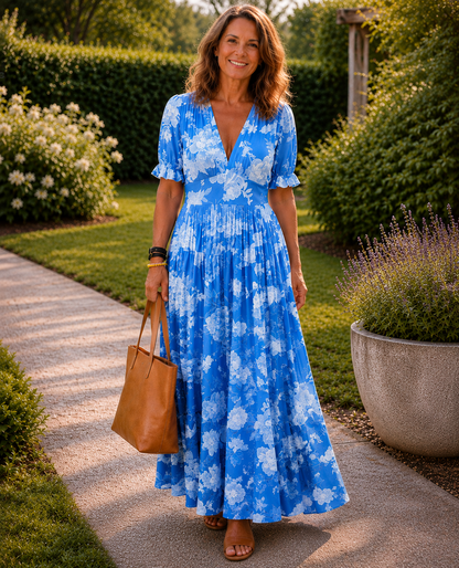 Adèle | Vestido midi floral sin mangas con escote en V