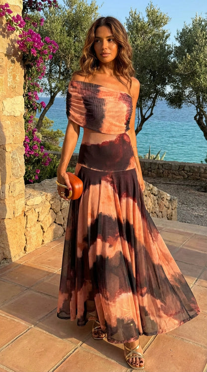 Vestido con Estampado Naranja y Marrón