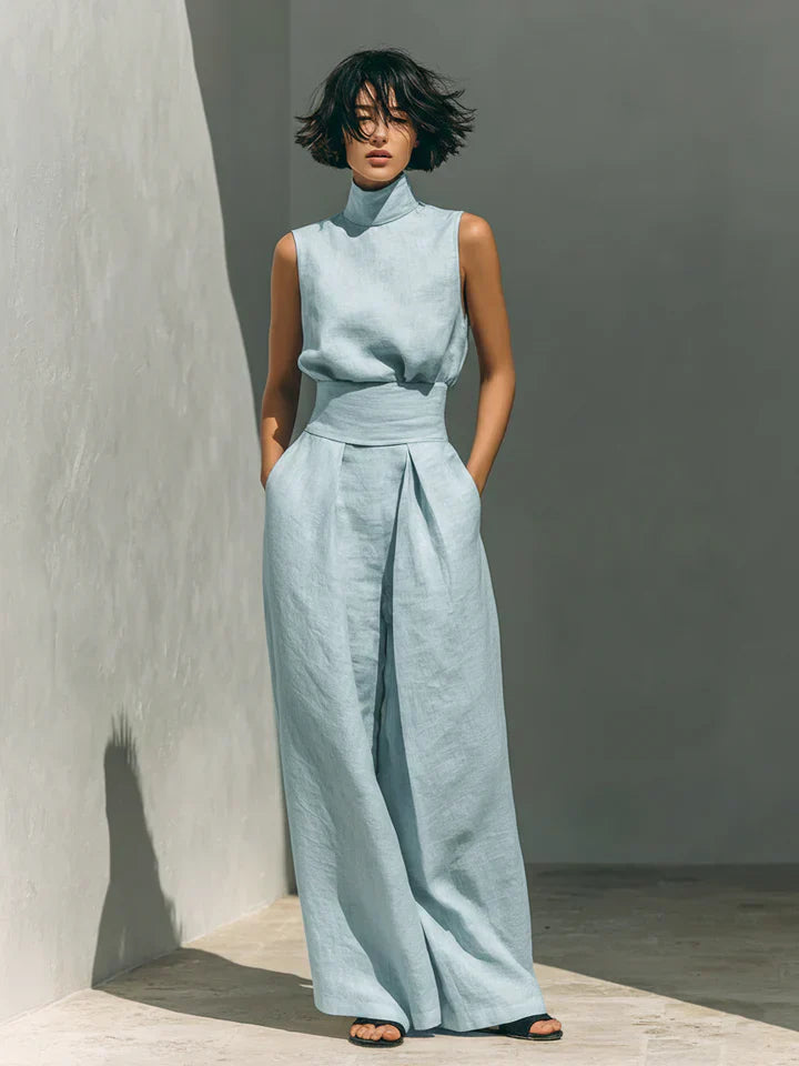 Flor™ | Conjunto de blusa sin mangas y pantalón ancho en lino y algodón