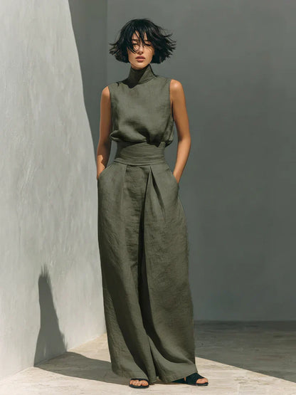 Flor™ | Conjunto de blusa sin mangas y pantalón ancho en lino y algodón