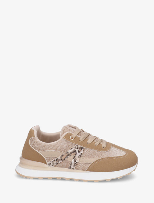Zapatillas efecto nobuk y tejido con panel en V de leopardo - Beige oscuro