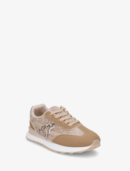 Zapatillas efecto nobuk y tejido con panel en V de leopardo - Beige oscuro
