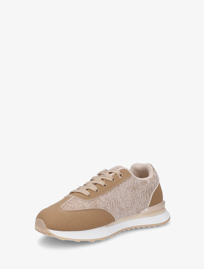 Zapatillas efecto nobuk y tejido con panel en V de leopardo - Beige oscuro