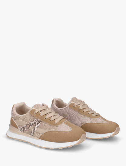 Zapatillas efecto nobuk y tejido con panel en V de leopardo - Beige oscuro