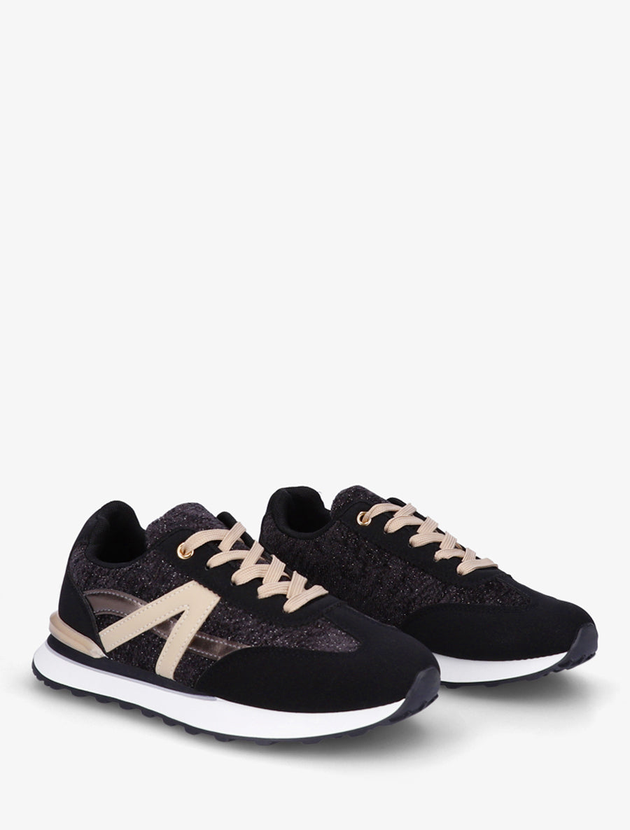 Zapatillas efecto nobuk y tejido irisado con pieza en V - Negro