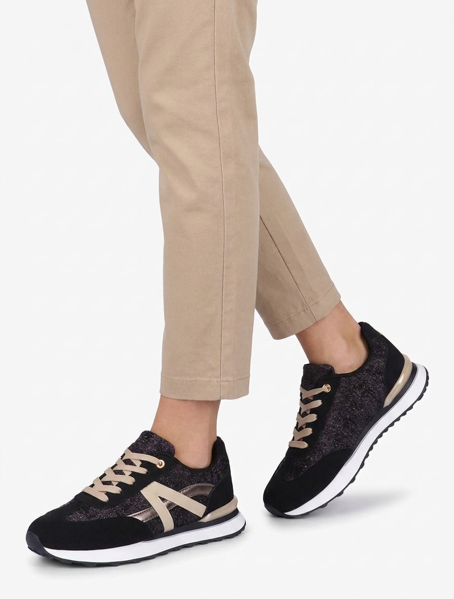 Zapatillas efecto nobuk y tejido irisado con pieza en V - Negro