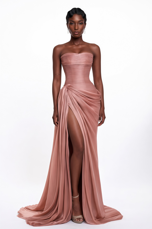 Aurethia - Vestido maxi asimétrico fruncido en rosa