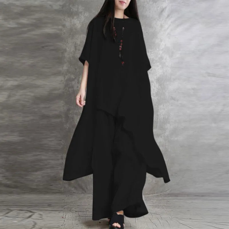 Sabrina | Conjunto de dos piezas: blusa holgada de media manga y pantalón de pata ancha con cintura elástica.