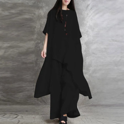 Sabrina | Conjunto de dos piezas: blusa holgada de media manga y pantalón de pata ancha con cintura elástica.
