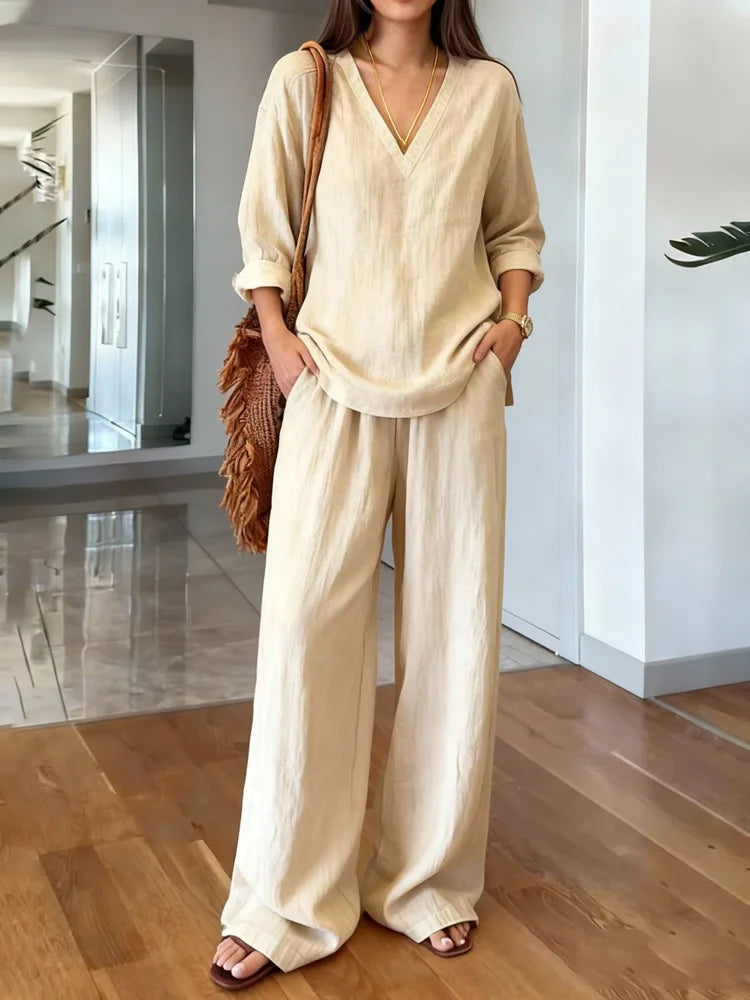 María Pilar | Conjunto casual con textura de lino y escote en V