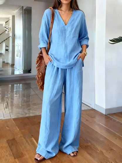 María Pilar | Conjunto casual con textura de lino y escote en V