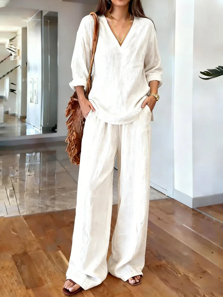María Pilar | Conjunto casual con textura de lino y escote en V