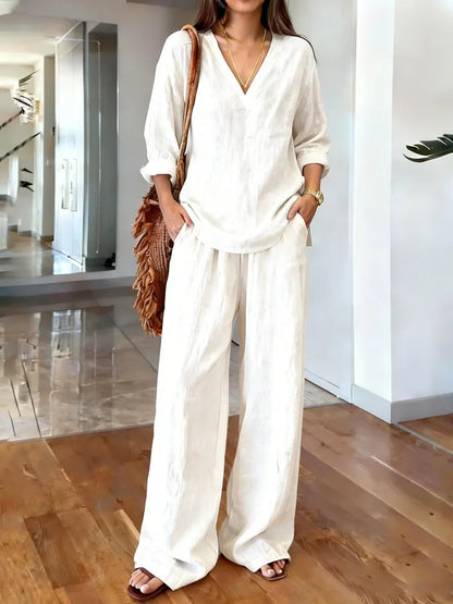 María Pilar | Conjunto casual con textura de lino y escote en V