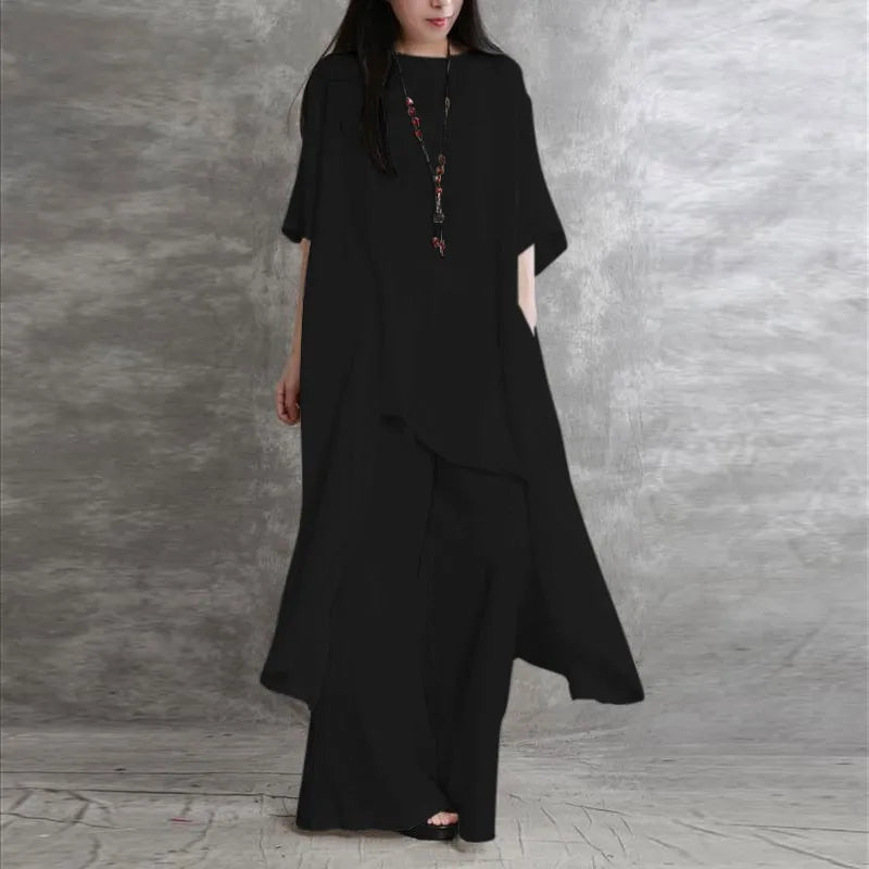 Sabrina | Conjunto de dos piezas: blusa holgada de media manga y pantalón de pata ancha con cintura elástica.