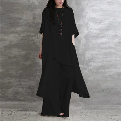 Sabrina | Conjunto de dos piezas: blusa holgada de media manga y pantalón de pata ancha con cintura elástica.