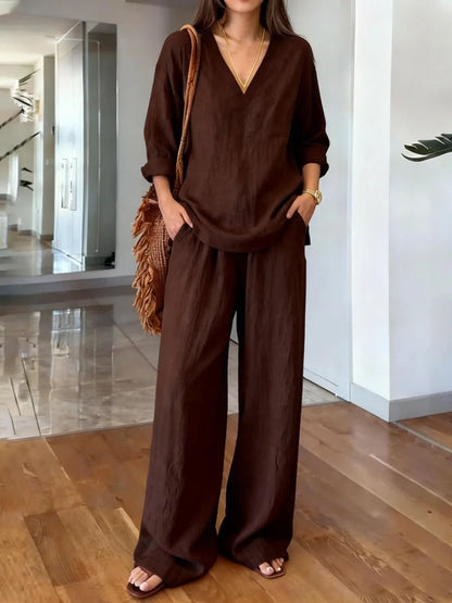 María Pilar | Conjunto casual con textura de lino y escote en V