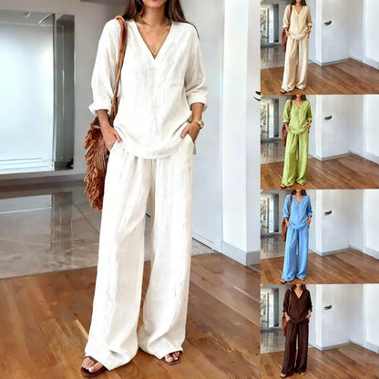 María Pilar | Conjunto casual con textura de lino y escote en V