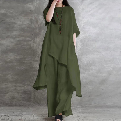 Sabrina | Conjunto de dos piezas: blusa holgada de media manga y pantalón de pata ancha con cintura elástica.