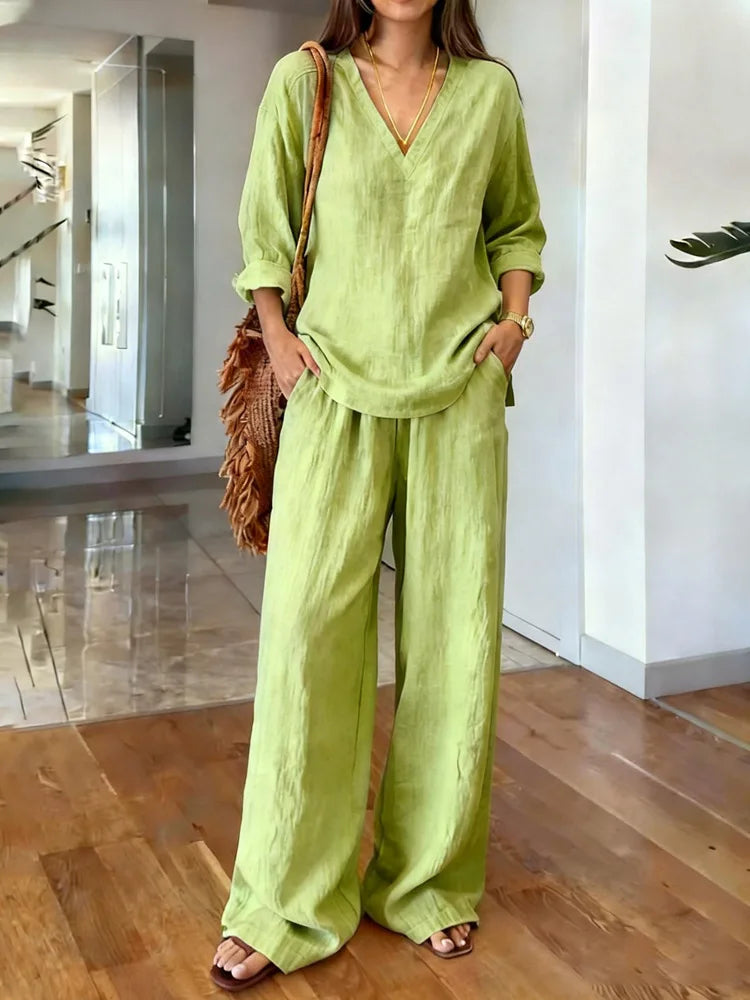 María Pilar | Conjunto casual con textura de lino y escote en V