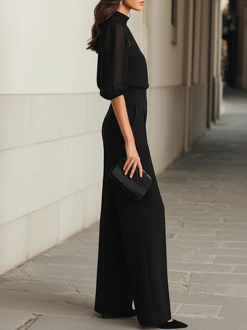 Elarith - Conjunto elegante de blusa semitransparente y pantalón palazzo