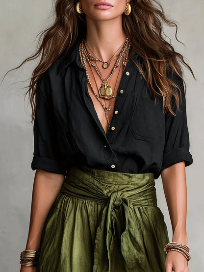 Elarisse - Conjunto de dos piezas con camisa negra y falda midi verde oliva