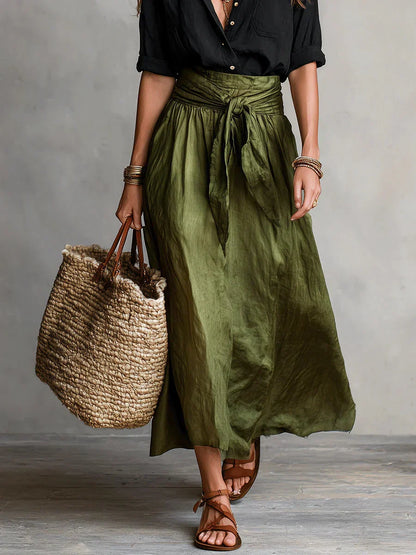Elarisse - Conjunto de dos piezas con camisa negra y falda midi verde oliva