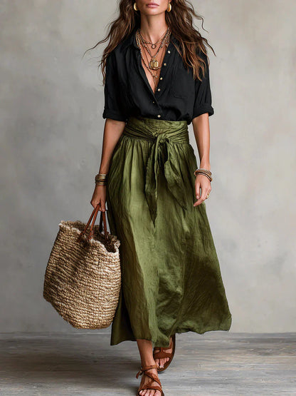 Vera | Conjunto de dos piezas: camisa negra y falda midi verde oliva