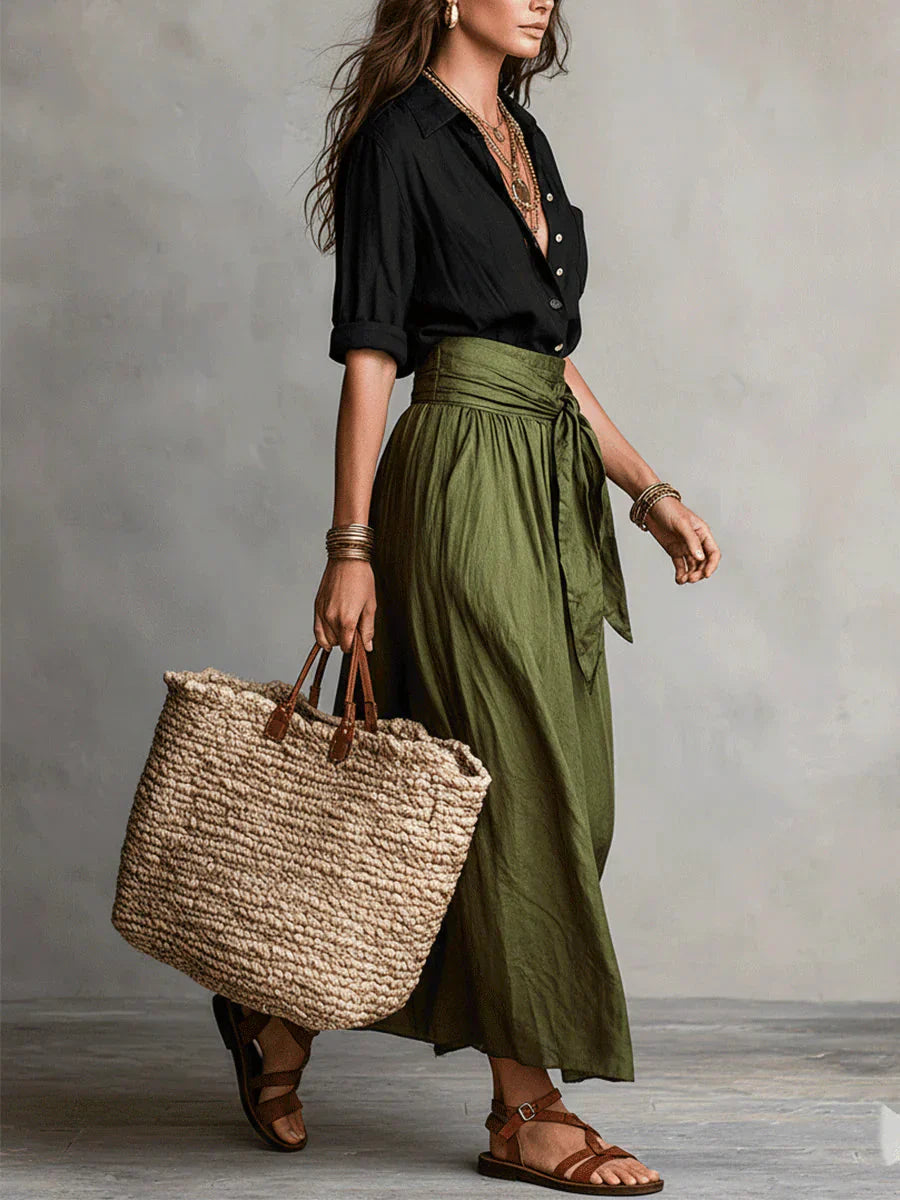 Vera | Conjunto de dos piezas: camisa negra y falda midi verde oliva