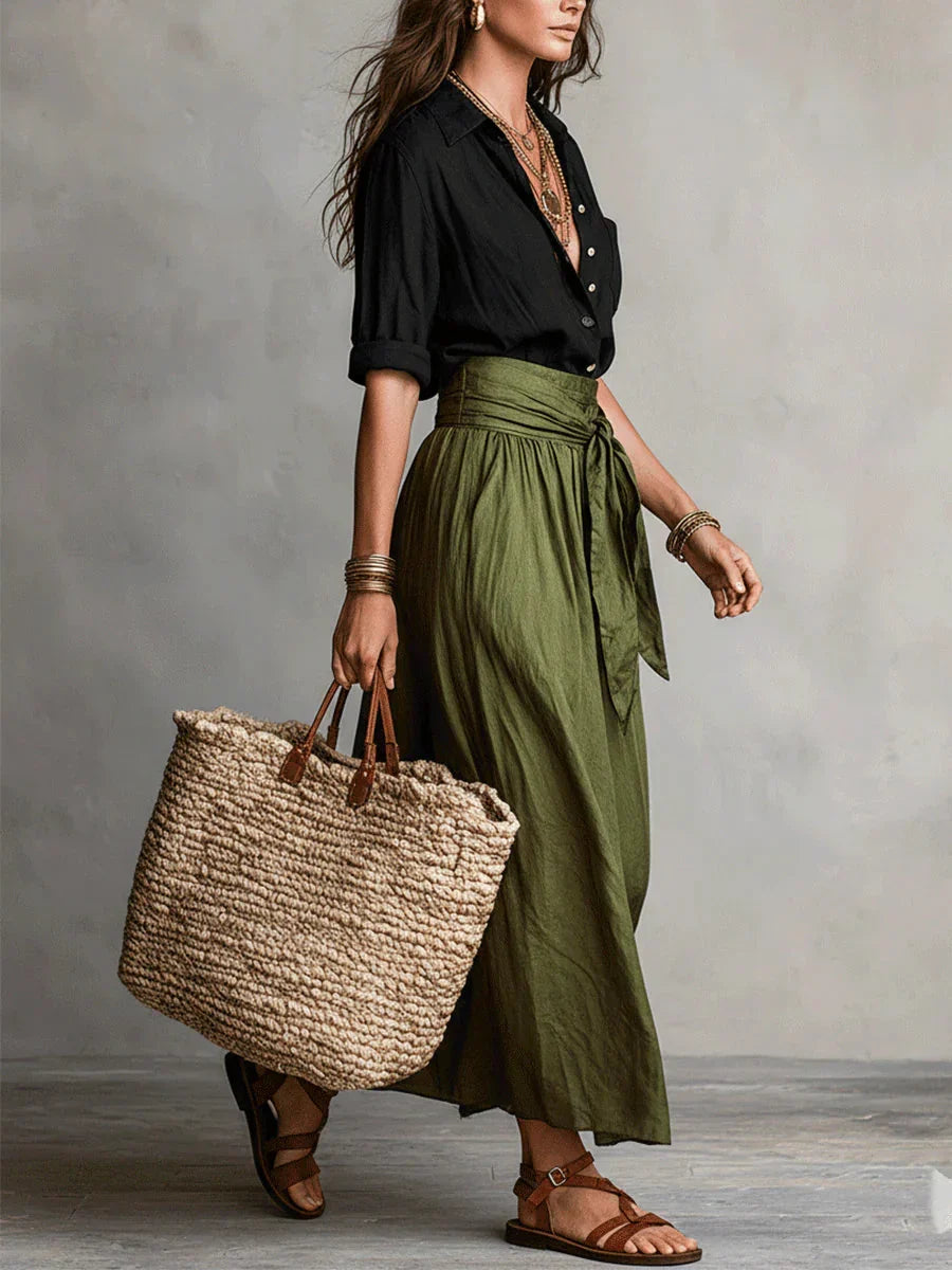 Elarisse - Conjunto de dos piezas con camisa negra y falda midi verde oliva
