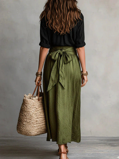 Vera | Conjunto de dos piezas: camisa negra y falda midi verde oliva