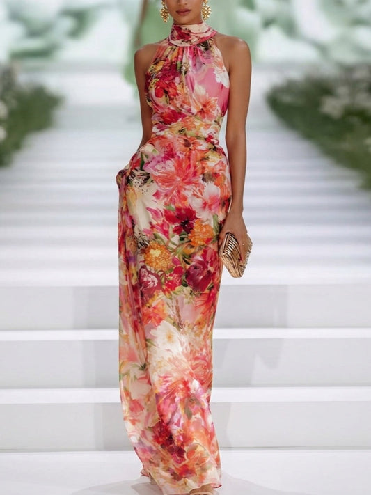 Fiorella - Vestido maxi floral de gasa con cuello halter