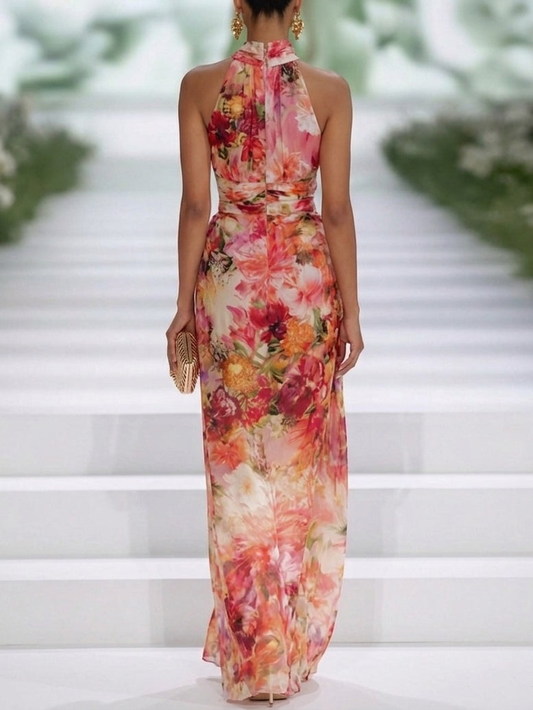 Fiorella - Vestido maxi floral de gasa con cuello halter