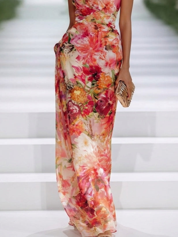 Fiorella - Vestido maxi floral de gasa con cuello halter