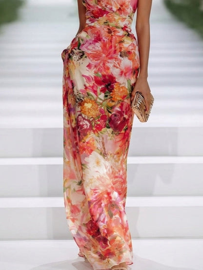 Fiorella - Vestido maxi floral de gasa con cuello halter