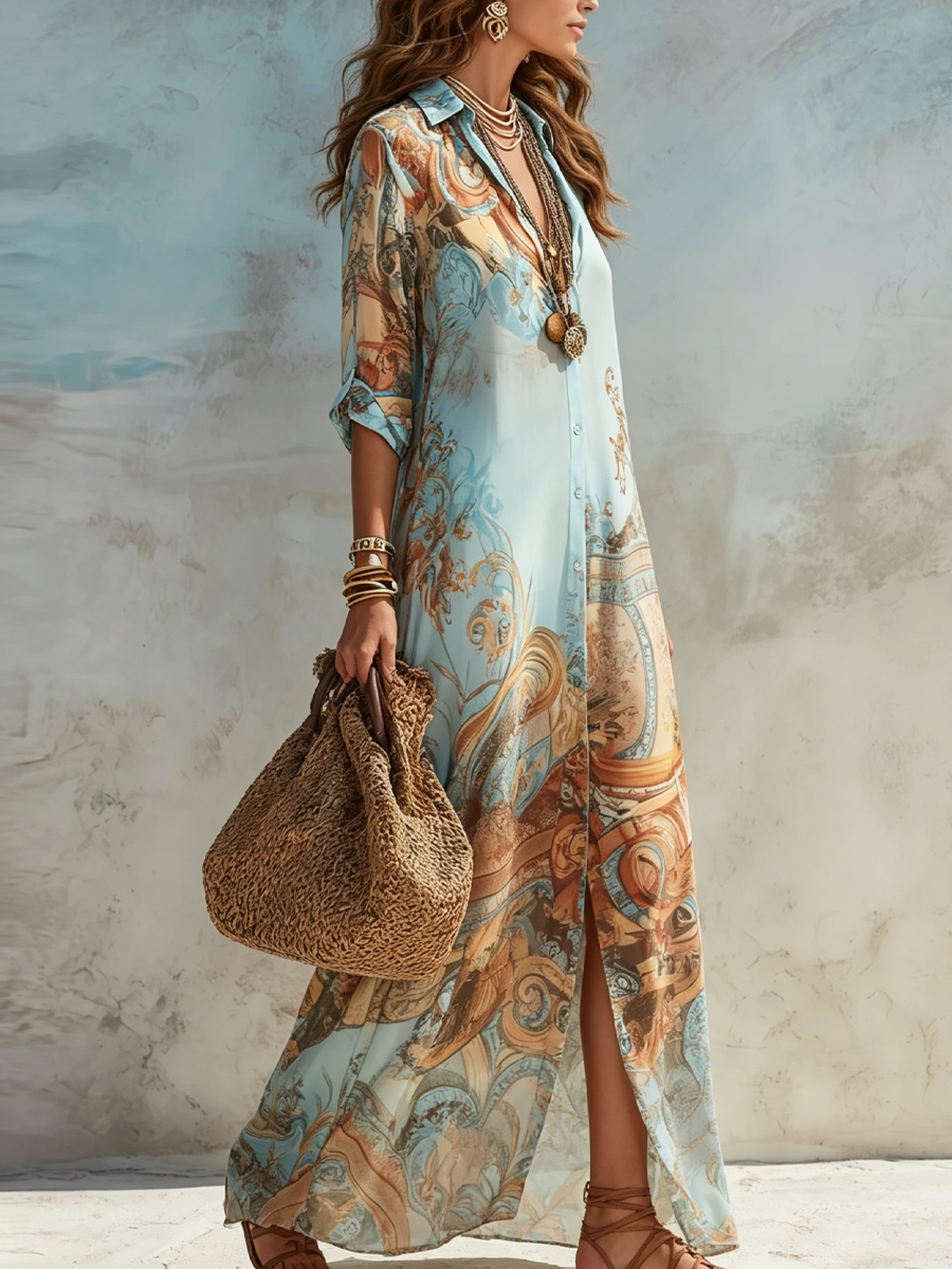 Thaléira - Vestido maxi elegante con estampado paisley