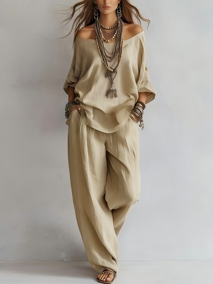 Gabriella - Conjunto de Hombros Descubiertos y Pantalón Palazzo