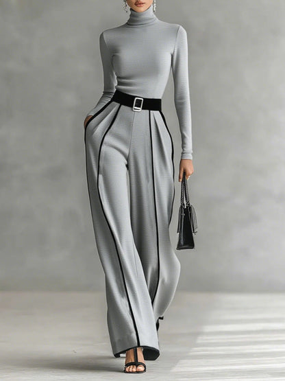Renata™ | Conjunto de top de cuello alto con manga larga y pantalón de pernera ancha con cinturón