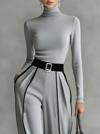 Renata™ | Conjunto de top de cuello alto con manga larga y pantalón de pernera ancha con cinturón