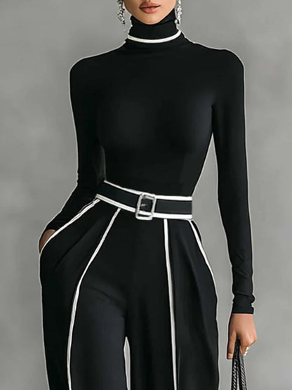 Renata™ | Conjunto de top de cuello alto con manga larga y pantalón de pernera ancha con cinturón