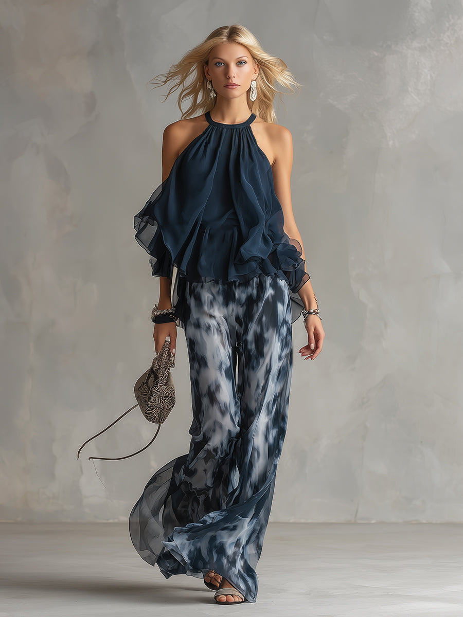 Luna | Elegante conjunto de gasa con top de cuello alto y pantalones anchos estampados