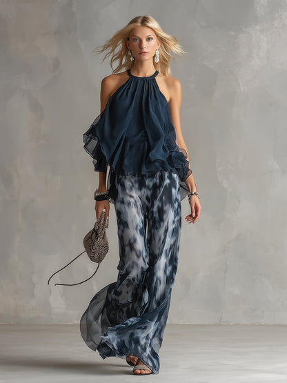 Luna | Elegante conjunto de gasa con top de cuello alto y pantalones anchos estampados