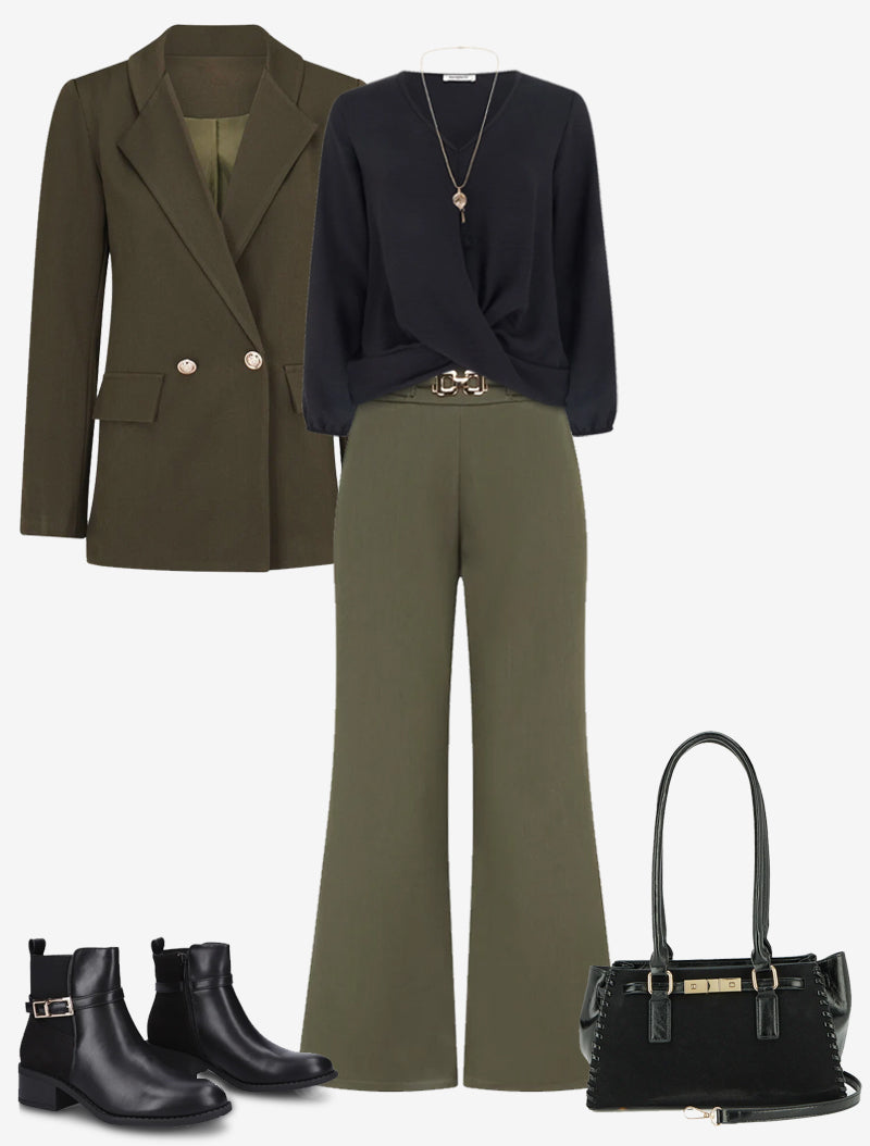 Blazer Banji Olive combinado en look de otoño - AURA MILANO
