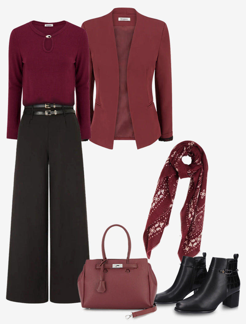 Blazer Aspen Bordeaux combinado en look de otoño invierno - AURA MILANO